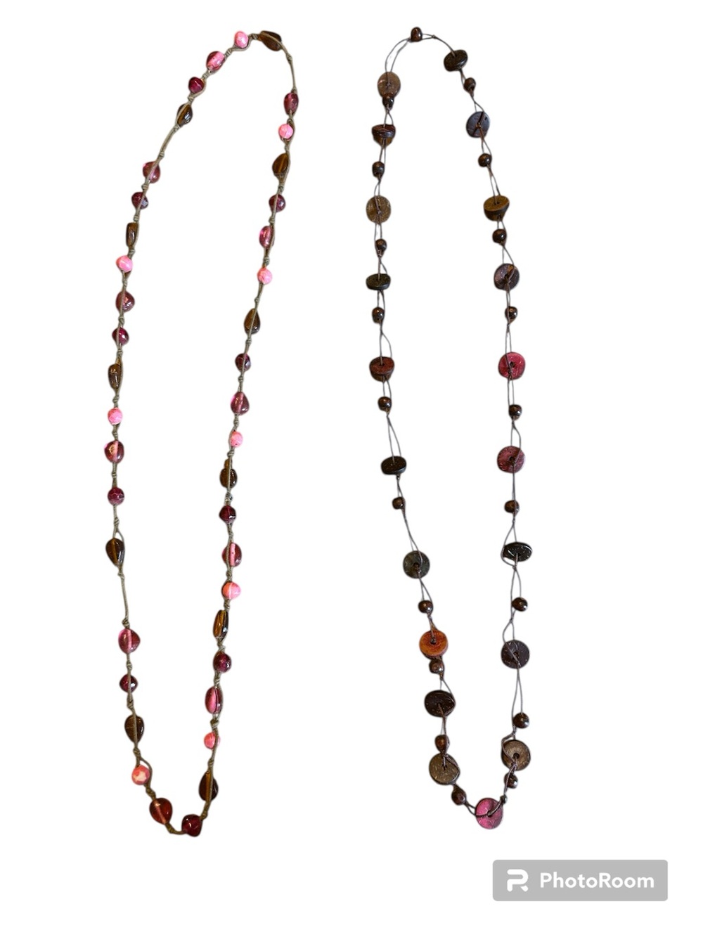 Pink and Brown Bead Necklace & Button multi colored style necklace: 2 pieces